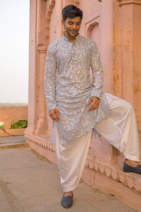 SHRESTHA By VASTRAMAY Men's Sky Blue Georgette Floral Motif Embroidered Kurta Patiala Set